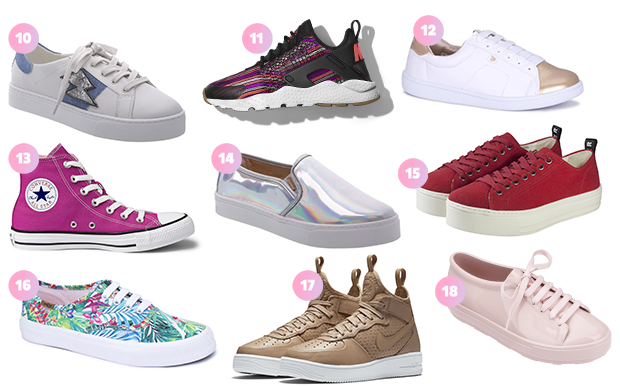 10- Arezzo (R$ 299,90*); 11- Nike (R$ 499,90*); 12- CAPRICHO para Sugar Shoes (R$ 149,90*); 13- Converse (R$ 169,90*); 14- Anacapri (R$ 159,90*); 15- Fiever (R$ 268*); 16- CAPRICHO para Sugar Shoes (R$ 129,90*); 17- Nike (R$ 499,90*); 18- Melissa (R$ 160*).