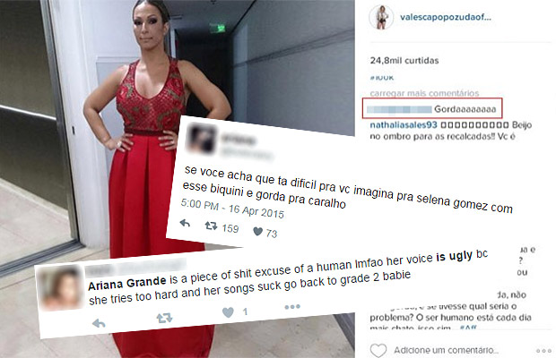 "Se você acha que tá difícil pra vc imagina pra Selena Gomez com esse biquíni e gorda pra caralho" (tweet preconceituoso/reprodução) "Se você acha que tá difícil pra vc imagina pra Selena Gomez com esse biquíni e gorda pra caralho" (tweet preconceituoso/reprodução)