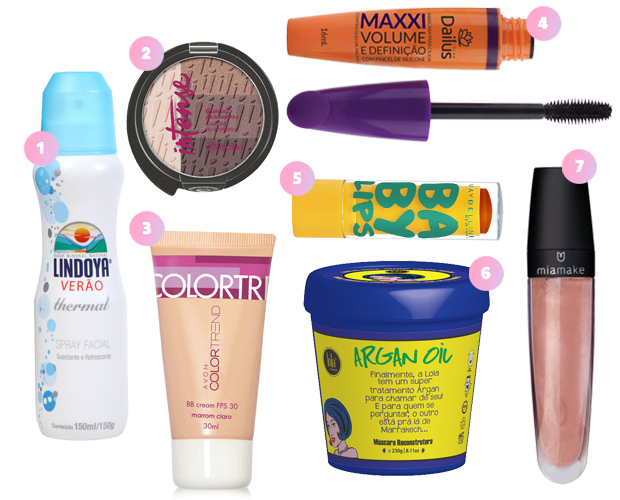 1. Água termal, Lindoya (R$ 35*); 2. Quarteto de sombras Intense Neutros Intensos, O Boticário (R$ 45,90*); 3. BB Cream Color Trend FPS 30, Avon (R$ 23,99*); 4. Máscara Maxxi Volume e Definição, Dailus Color (R$ 30,80*); 5. Hidratante labial Baby Lips Abacaxi, Maybelline (R$ 14,90*); 6. Máscara reconstrutora Argan Oil, Lola Cosmetics (R$ 37*); 7. Gloss Cor 04, Mia Make (R$ 16,60*). Fotos