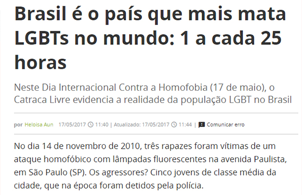 Homofobia não existe, mas a cada 25 horas um gay é morto no país