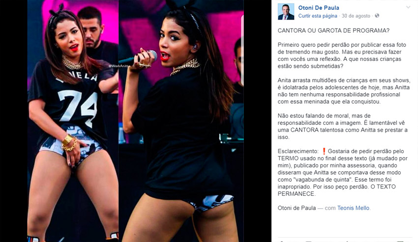 Vereador posta foto de Anitta: “cantora ou garota de programa?”