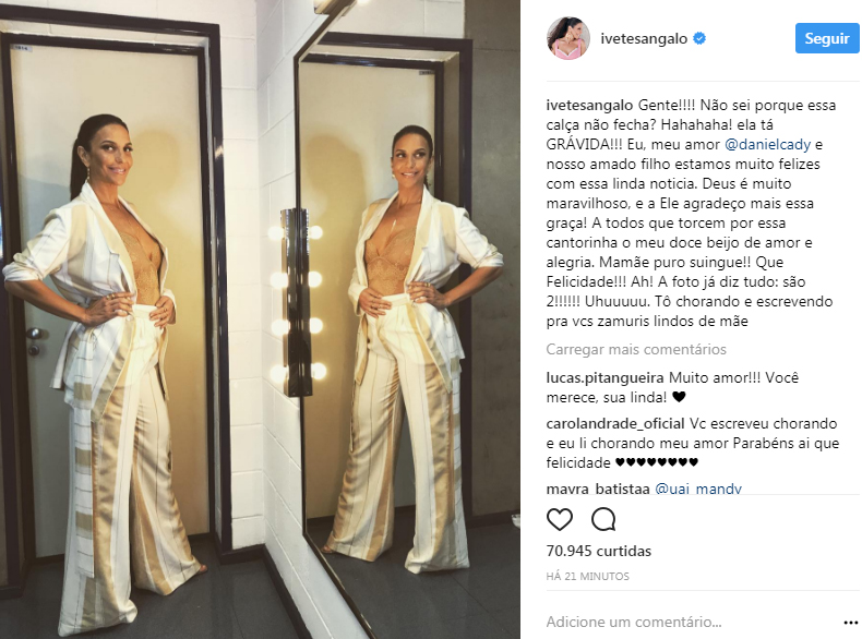 Ivete Sangalo está grávida de gêmeos: “Mamãe puro suingue!!!”
