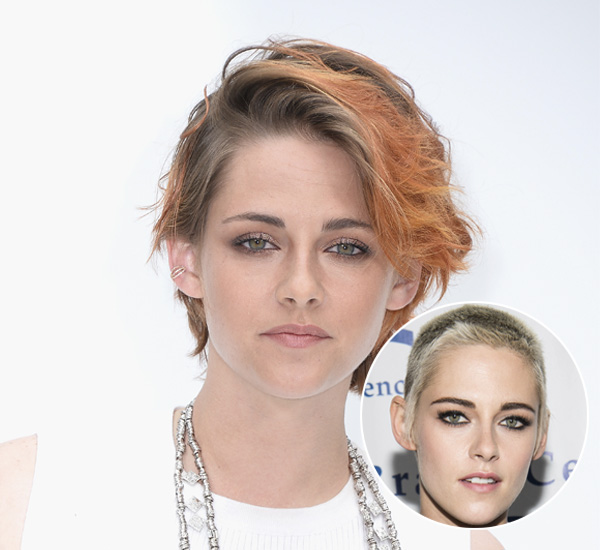 Kristen Stewart de cabelo laranja e de cabelo curtinho