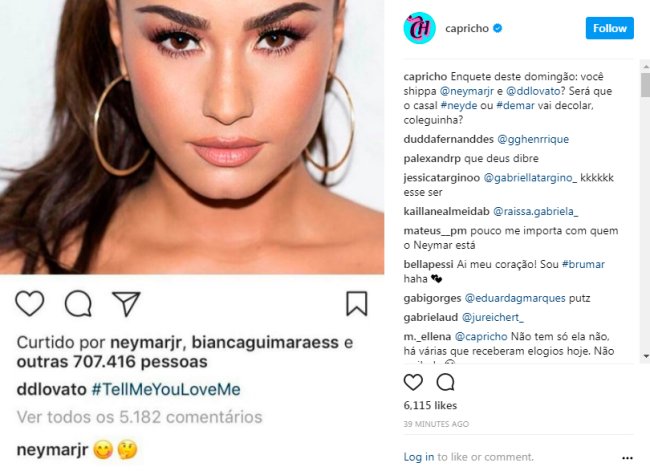 neymar comenta post demi lovato