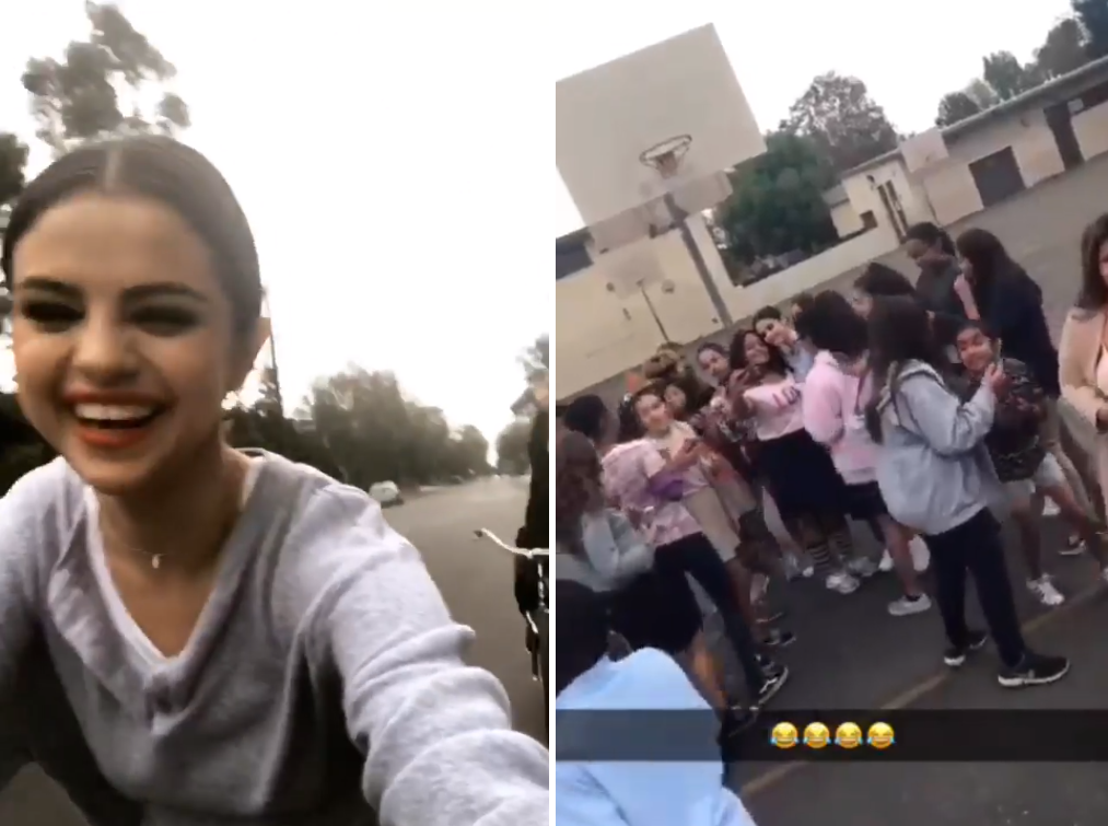 Selena Gomez surpreende fãs em escola durante passeio de bike