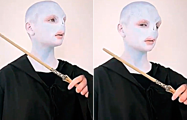 Atriz aparece irreconhecível ao se fantasiar de Voldemort para festa