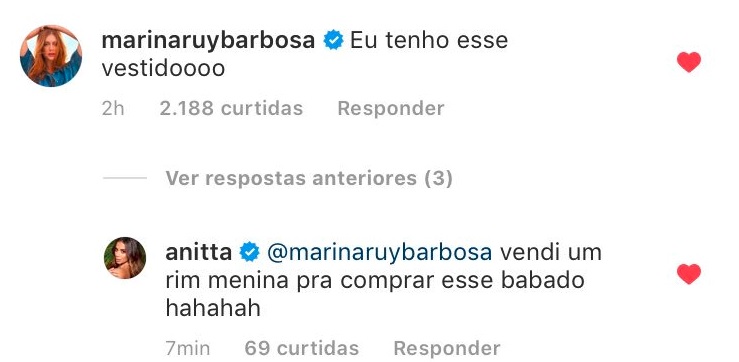 Marina Ruy Barbosa comenta na foto de Anitta