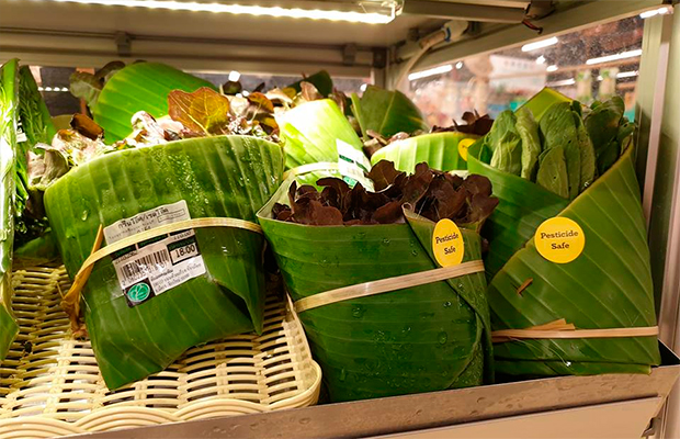 Supermercado substitui embalagens plásticas por folhas de bananeira