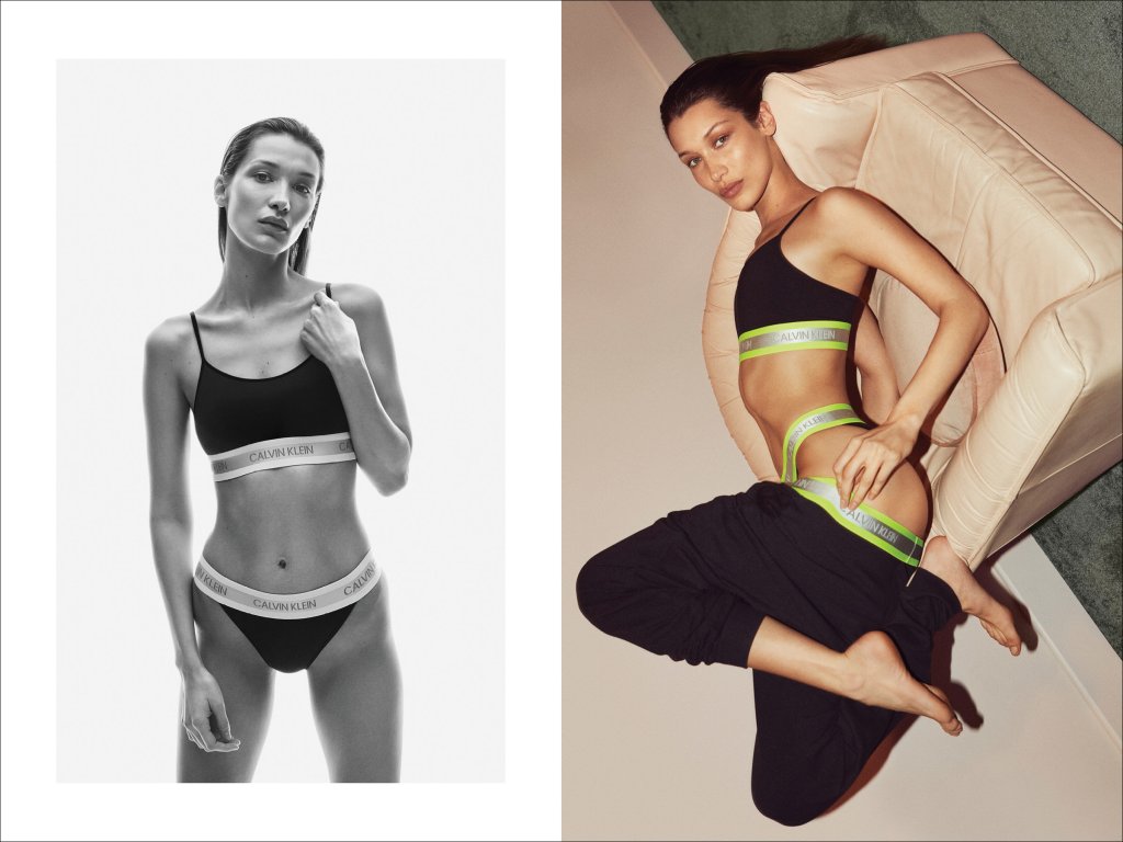 Bella Hadid usa néon até na lingerie em nova campanha da Calvin Klein