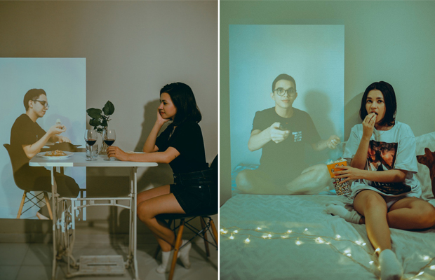 Ideias de surpresas à distância para o Dia dos Namorados casal fazendo um ensaio de dia dos namorados à distância, com a ajuda de um retroprojetor