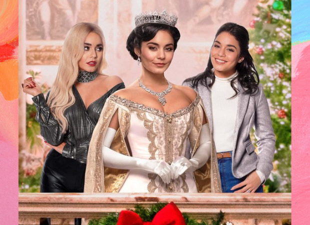 Vanessa Hudgens no pôster de A Princesa e a Plebeia; a atriz aparece como suas três personagens no filme; da esquerda para direta Fiona loira fazendo expressão de nojo/aversão usando uma blusa brilhante de cor cinza com um ombro aparente e calça de couro preta, ela tem um dos braços levantados com as unhas da mão pintadas de vermelho e o outro em volta do corpo; Margaret com cabelo preso com tiara prateada brilhante e vestido de gala branco com detalhes e as mãos juntas na frente do corpo e Stacy sorrindo com roupas casuais, camiseta branca, casaco cinza e calça jeans e é possível ver uma de suas mãos no bolso com um anel solitário com diamante, a outra não está aparente na foto; a margem é uma textura de tintas nas cores rosa, azul, laranja e vermelho