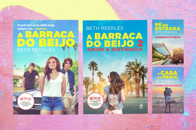 livros- a barraca do beijo Capa dos livros de A Barraca do Beijos em um fundo de textura colorida nas cores rosa azul e branco