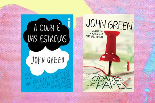 livros john green Capas dos livros A Culpa é das Estrelas e Cidade de Papel em um fundo de textura nas cores rosa, azul e amarelo