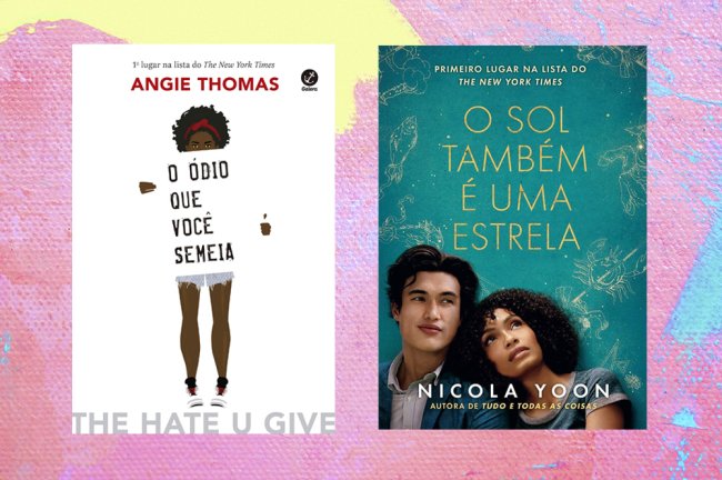 livros que se tornaram filmes 4 Capas dos livros O Ódio que Você Semeia e O Sol Também É Uma Estrela em um fundo de textura nas cores rosa, amarelo e azul