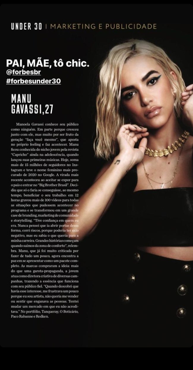 manu-gavassi-forbes-under-30 Print dos stories de Manu Gavassi com o anúncio