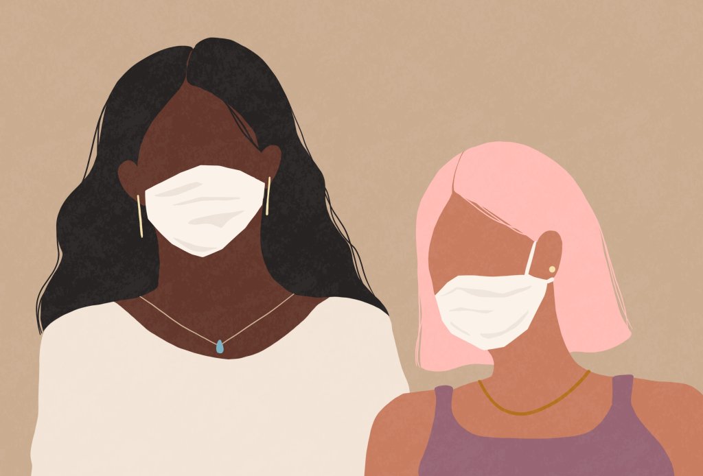 ilustração de duas mulheres usando máscara de proteção