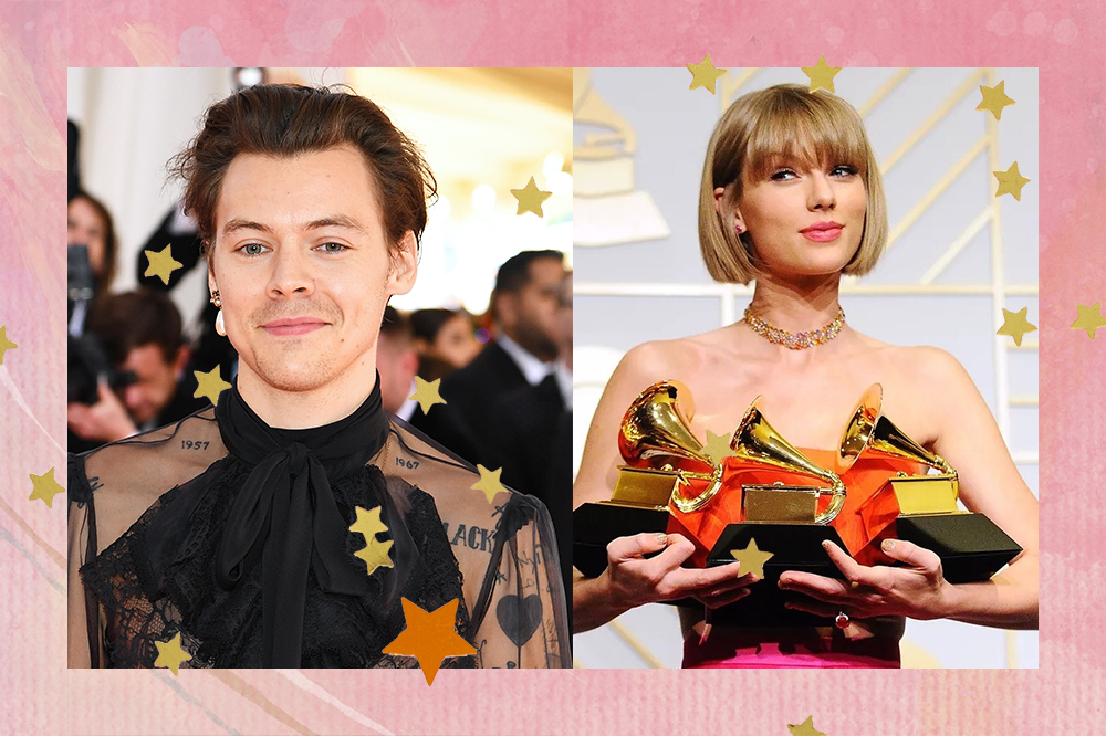 montagem com Harry Styles de um lado e Taylor Swift do outro