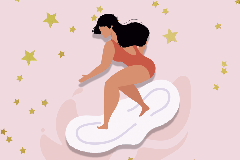 ilustração de uma garota em cima de um absorvente