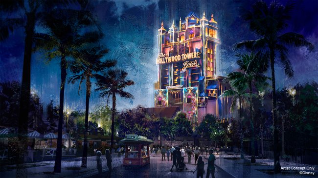 A Hollywood Tower of Terror, no Hollywood Studios, decorada com luzes neon, à noite, para festejar os 50 anos do Walt Disney World