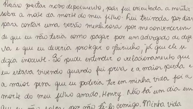 carta Trecho de carta escrita por Monique Medeiros, mãe de Henry Borel