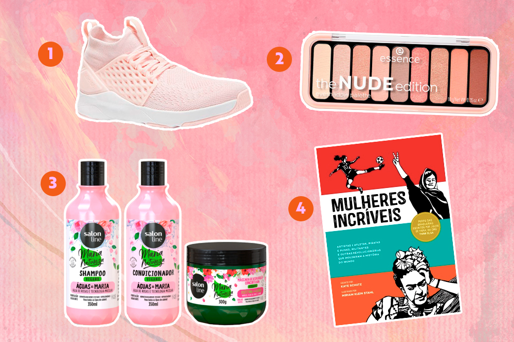dia-das-maes-presentes-01 Montagem com fundo rosa e quatro opções de presentes. Em cima, tem um tênis rosa e uma paleta de sombras neutras e, em baixo, um kit de cuidados para o cabelo e o livro Mulheres Incríveis.