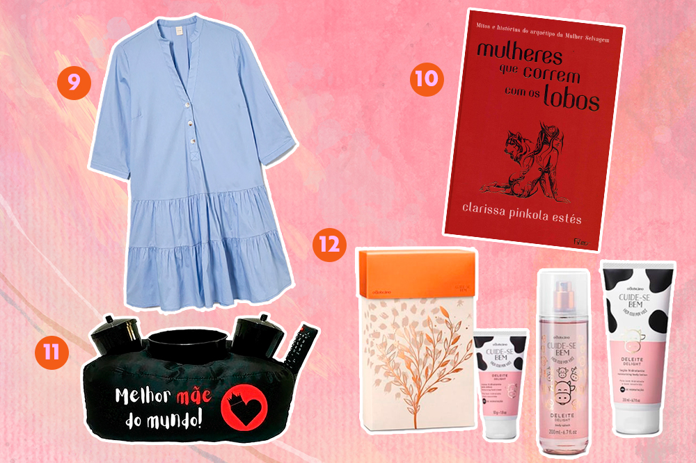 dia-das-maes-presentes-03 Montagem com fundo rosa e opções de produtos para dar de presente. Em cima, tem um vestido azul e o livro Mulheres que correm com os lobos. Embaixo, um porta pipoca preto e vermelho escrito Melhor Mãe do Mundo e um kit para cuidados com o corpo.