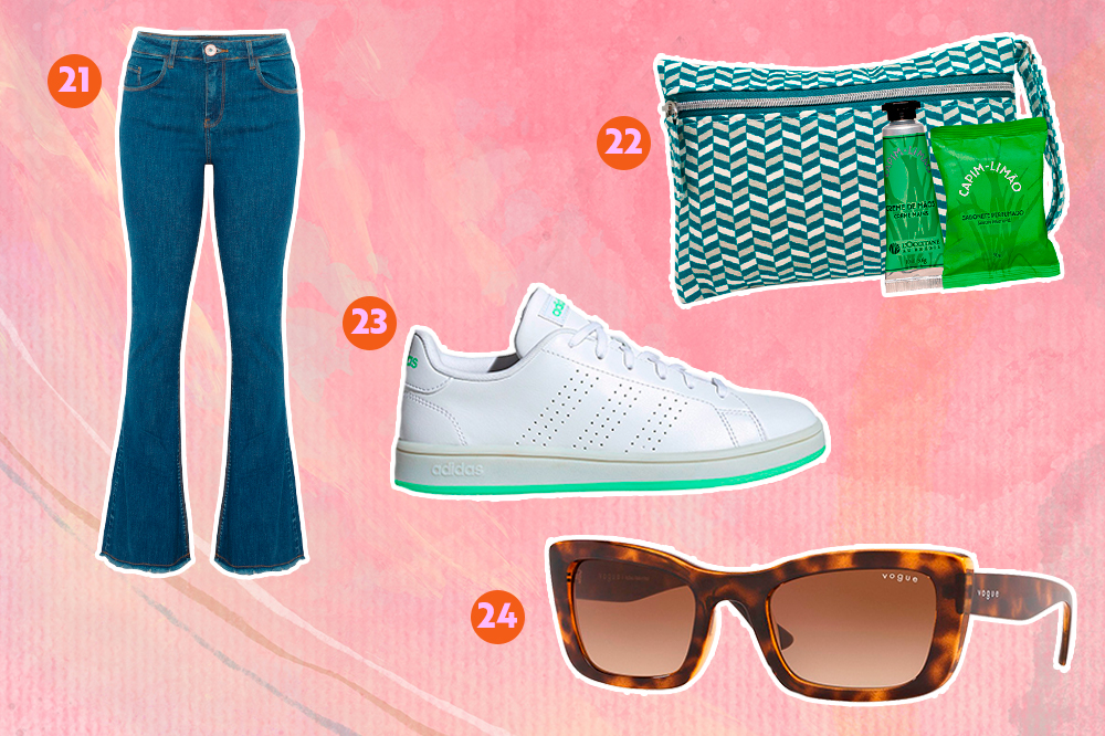 dia-das-maes-presentes-06 Montagem com fundo rosa e opções de produtos para dar de presente. Em cima, uma calça jeans flare e um kit com creme para as mãos, necessáire e sabonete. Embaixo, um tênis branco e um óculos de sol.