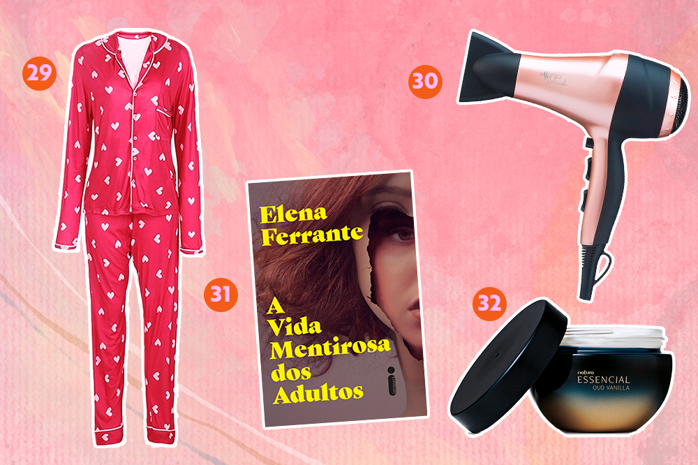 dia-das-maes-presentes-08 Montagem com fundo rosa e opções de produtos para dar de presente. Em cima, um pijama com estampa de coração e um secador de cabelo. Embaixo, o livro A Vida Misteriosa dos Adultos e um creme hidratante corporal.