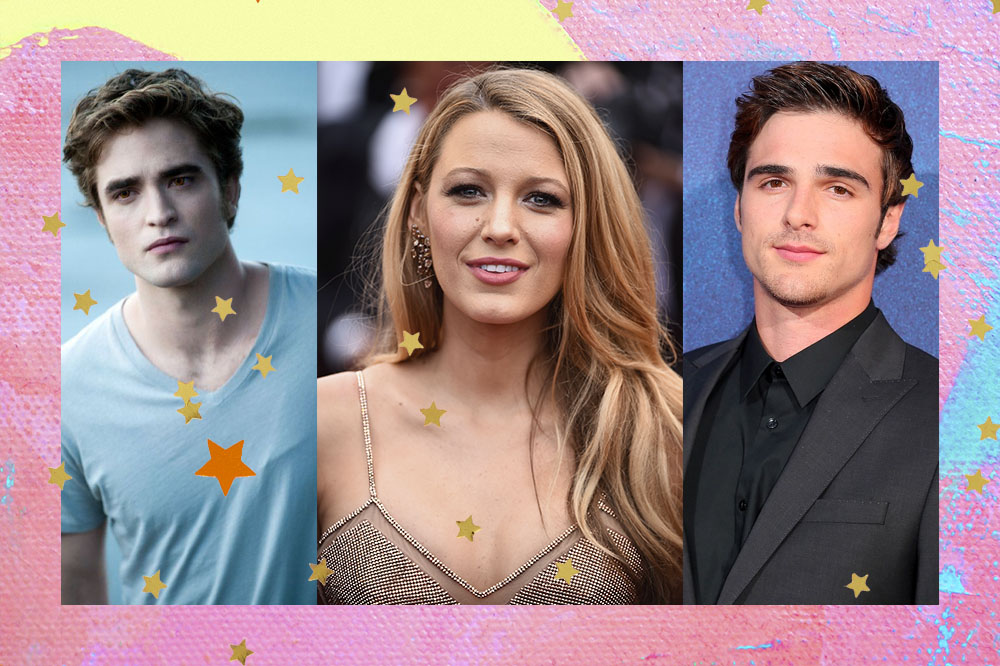 Montagem com fotos de Robert Pattinson em Crepúsculo, Blake Lively e Jacob Elordi.