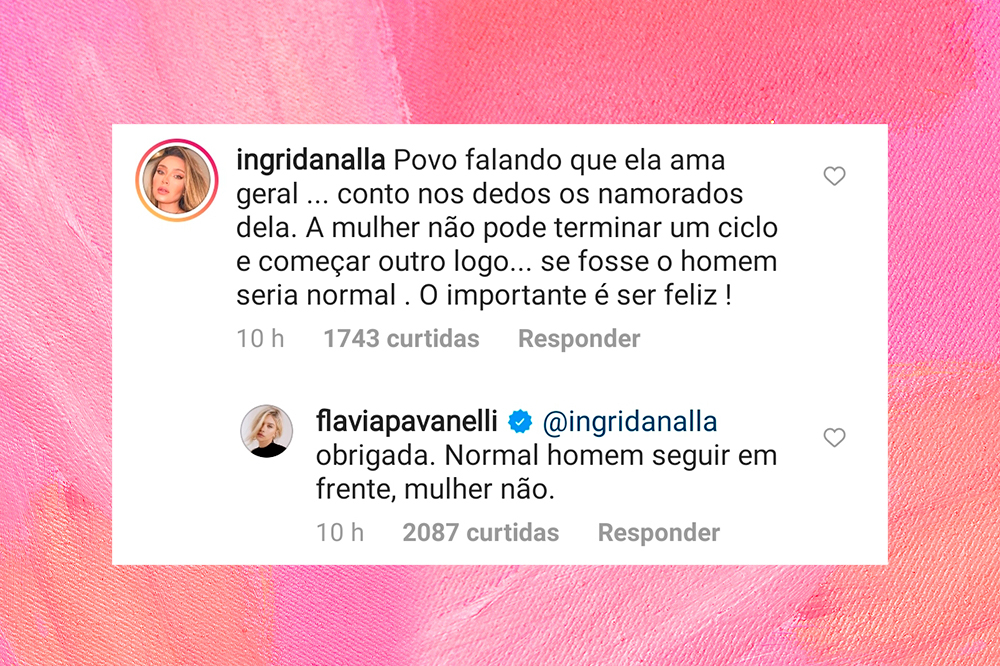 flavia-pavanelli-responde-comentario-novo-relacionamento Captura de tela da resposta de Flavia Pavanelli a um comentário. O comentário diz