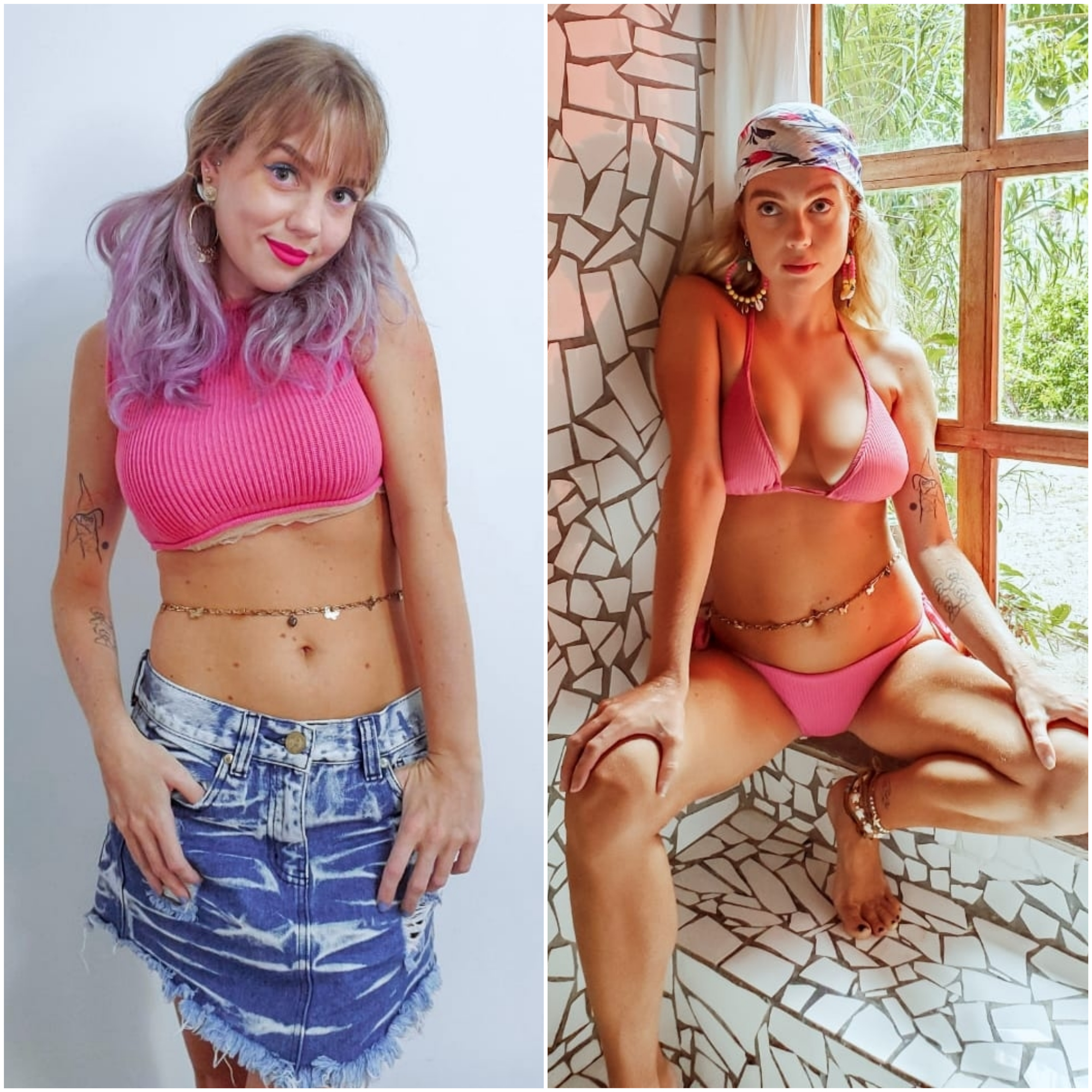 isa-otto-cinto-barriga-tendencia Montagem com duas fotos da Isa Otto, editora de comportamento da CH, usando cinto fino de corrente na barriga. À esquerda, ela está com um top cropped rosa neon e uma saia jeans, penteado maria-chiquinha e as duas mãos nos bolsos da saia. À direita, ela está usando biquíni rosa cortininha com um lenço na cabeça, agachada com as mãos nas duas pernas e expressão facial séria.
