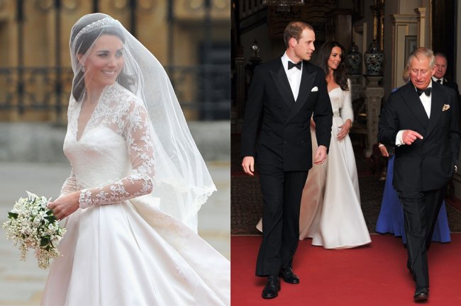 Duas fotos. À esquerda, Kate Middleton olhando para o lado e sorrindo, vestida de noiva, durante o Casamento Real. À direita, Kate, William e Charles deixando a Clarence House