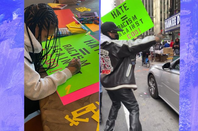 rihanna-stop-asian-hate Colagem com duas imagens. A primeira com Rihanna fazendo um cartaz para a manifestação, a segunda com a cantora andando pela rua na manifestação