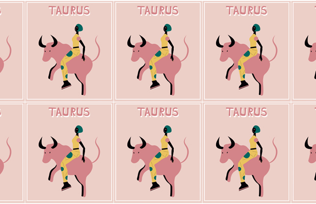 Ilustração do signo de touro. Uma menina com roupa amarela cavalga em um touro rosa