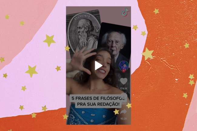 tiktokdedaladim Na imagem, a youtuber Débora Aladim está usando uma blusa azul e, ao fundo, aparecem as imagens dos filósofos Epicteto e Zygmunt Bauman