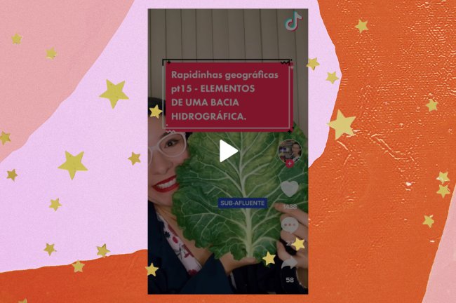 tiktokgeo Na imagem, uma professora de geografia está segurando uma folha de alface, que usa para fazer uma comparação com uma bacia geográfica