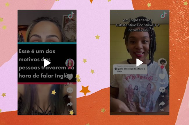 tiktokingles A colagem mostra dois prints do TikTok. No primeiro aparece a professora Elza Lacerda e a chamada