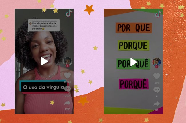 tiktokportugues A colagem mostra dois prints do TikTok, em um deles aparece professora de português Simone Porfiria, vestindo uma blusa rosa e está escrito