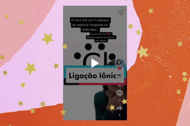 tiktokquimica Na imagem, uma professora aparece usando óculos espelhados e, no fundo, está a fórmula de uma ligação iônica
