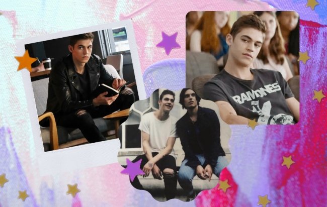 Hardin Scott de After Montagem com 3 fotos do personagem de Hardin Scott do filme After, na primeira foto ele usa jaqueta de couro preta e está escrevendo em seu caderno com uma expressão séria; na outra ele está com o personagem Zed, nesta, Hardin usa camiseta branca e calça jeans com o joelho levemente rasgado, já Zed usa camiseta preta; na última Hero usa uma camiseta do Ramones e tem expressão pensativa.