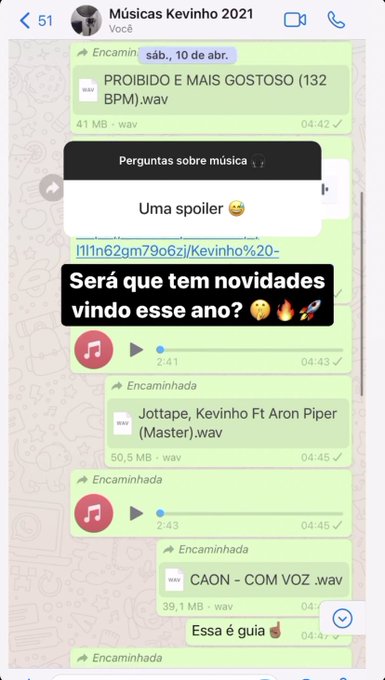 Print do Story de Kevinho; a tela mostra uma conversa de WhatsApp em um grupo com o nome 