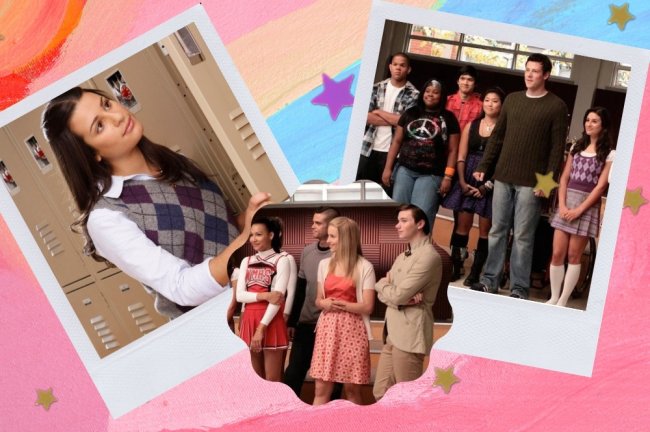 Montagem com 3 fotos do seriado Glee. Na primeira a personagem Rachel Berry com expressão pensativa, na segunda parte do elenco e na terceira a parte final do elenco.