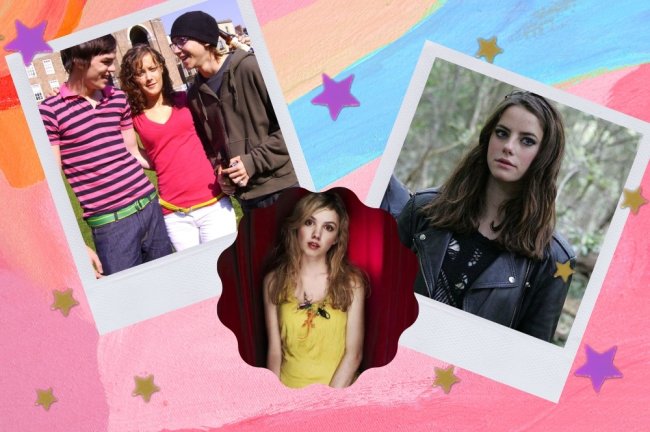 Montagem com 3 fotos do seriado Skins, na primeira Tony sua namorada e amigo abraçados e sorridentes, na segunda Cassie com uma expressão séria e no último Effy com uma jaqueta de couro preta e pensativa.