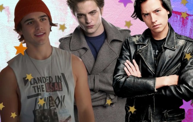 Luke, de gorro vermelho e sorriso leve, Edward Cullen, com olhar sério e braços cruzados, e Jughead Jones, com olhar sério e braços cruzados