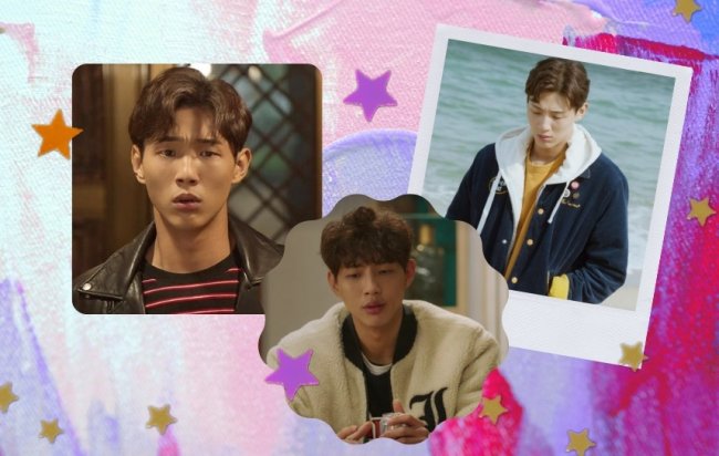 Yoon Tae-oh do dorama Primeira vez amor Montagem com 3 fotos do personagem Yoon Tae-oh, do dorama Primeira vez amor. Na primeira imagem ele usa jaqueta de couro preta, com camiseta com listras preta e vermelha ; Na segunda imagem uma jaqueta com pelinhos branca, e na última imagem jaqueta azul com moletom branco e camiseta amarela.