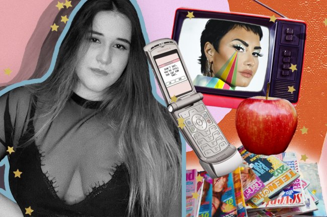 Montagem com as fotos de uma adolescente, a Amanda, que escreve o texto sobre representatividade pra CH. Ao lado dela, temos imagens de uma televisão mostrando a Demi Lovato, um celular com um wallpaper falando pra pessoa parar de comer, uma maçã e alguns revistas antigas que pregavam corpos magros