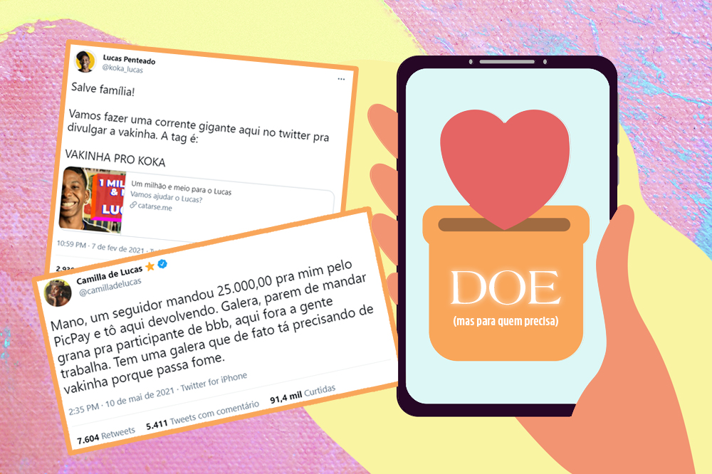 Ilustração de um celular à direita, com um coração na tela escrito "Doe". À esquerda, temos tweets de ex-BBBs falando sobre vaquinha online