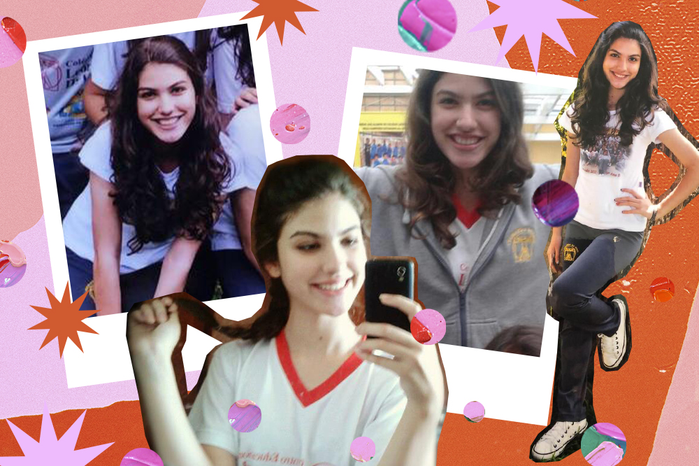 Montagem com quatro fotos da Giovanna Grigio usando uniforme escolar quando era adolescente. Na primeira, ela está agachada, usando camiseta branca. Ao lado, ela em frente ao espelho com o celular e uma das mãos no cabelo. Na terceira, está sorrindo e usando um moletom cinza. Na última, à direita, está encostada em uma árvore, sorrindo, com uma das pernas dobradas, usando camiseta branca, calça azul e tênis branco.