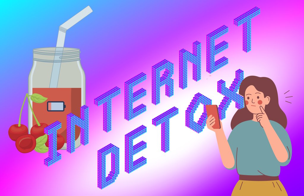 Imagem com a frase "Internet Detox" escrita em roxo. Ao lado esquerdo, temos um suco vermelho e ao direito, uma menina com as bochechas rosadas olhando para o celular com cara de questionamento