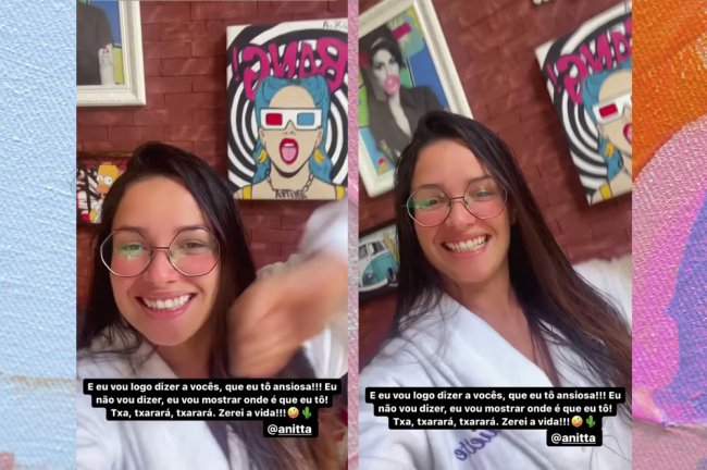 juliette-na-casa-da-anitta-bbb21-stories-instagram Montagem com prints do Stories de Juliette mostrando a parede de quadros da casa de Anitta.